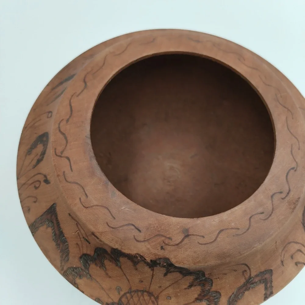 Vintage Hand Turned Wood Bowl Pyrography Floral Design Wood Burned Folk Art Boho